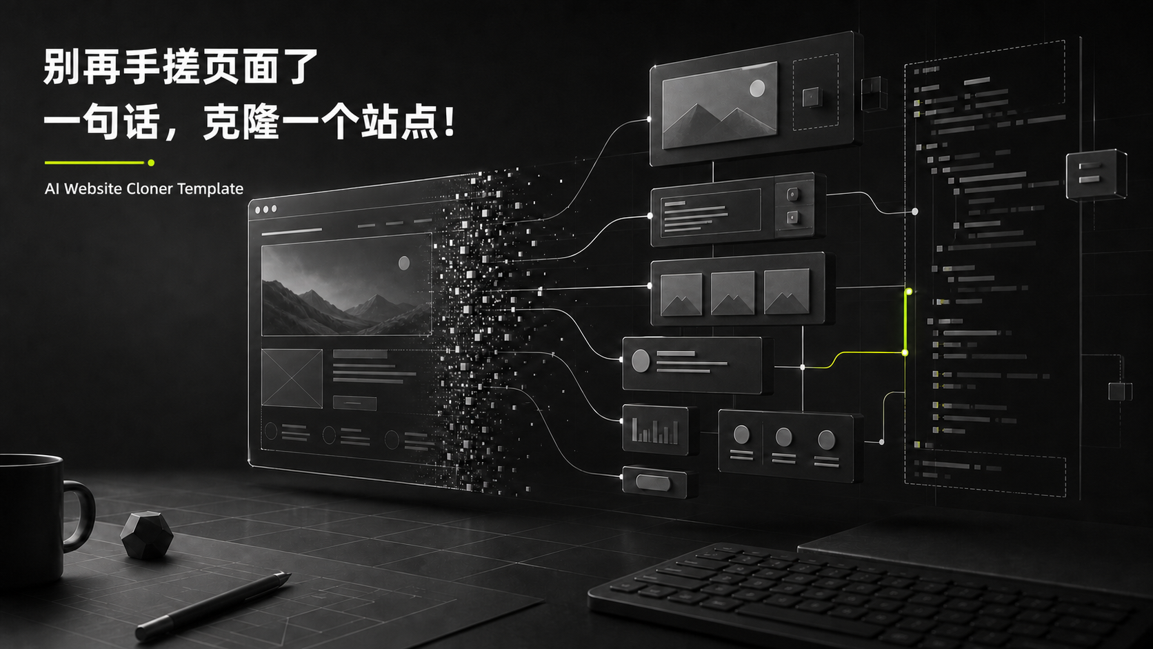 AI Agent 将网页逆向为组件代码的黑色技术插画