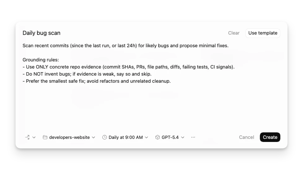 Codex Automations 官方界面截图